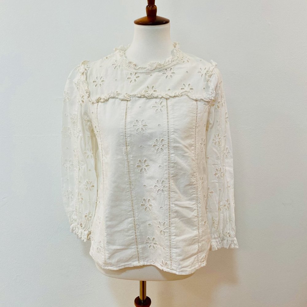 J. Crew White Ruffle Neck Eyelet Blouse S